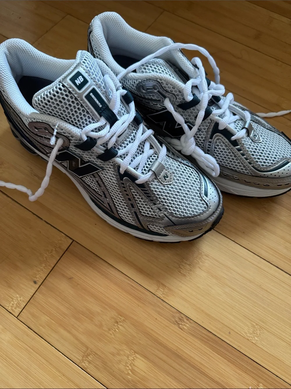 New Balance White and Silver Mesh Running Shoes